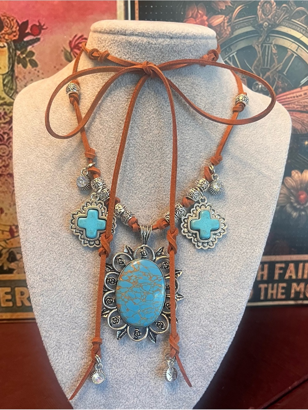 Blue Copper Turquoise and Brown Suede “Desert Moon” Sunflower Statement Necklace